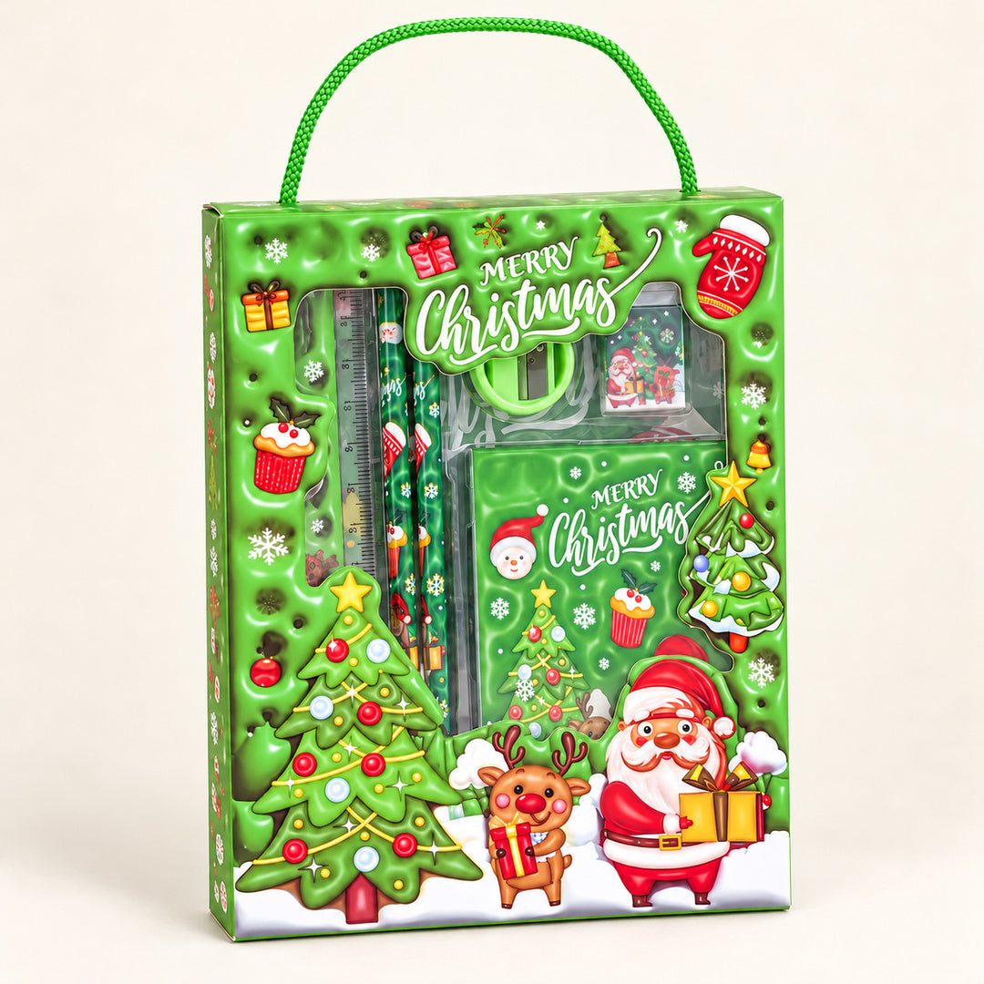Green Santa and reindeer Christmas stationery gift set
