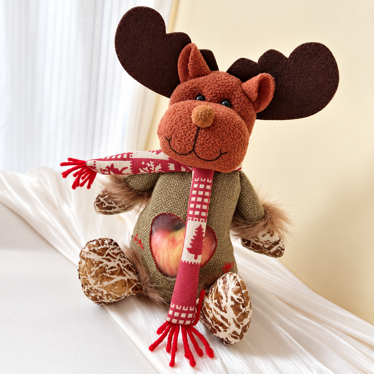 Santa, snowman, and reindeer holiday decorative dolls together