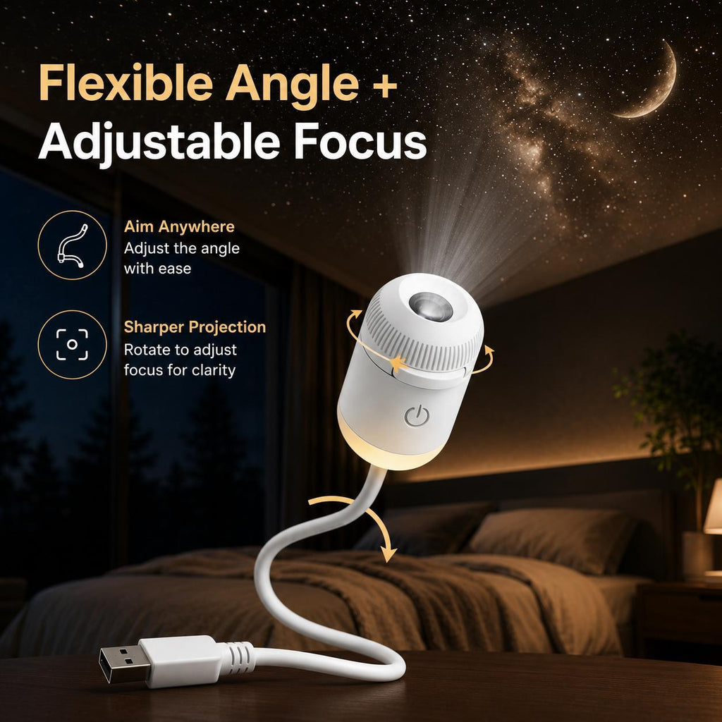 Adjustable projector head and flexible USB neck in a bedroom setting