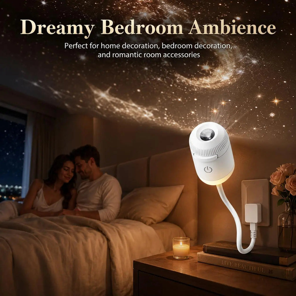 Starry projection above a cozy bedroom