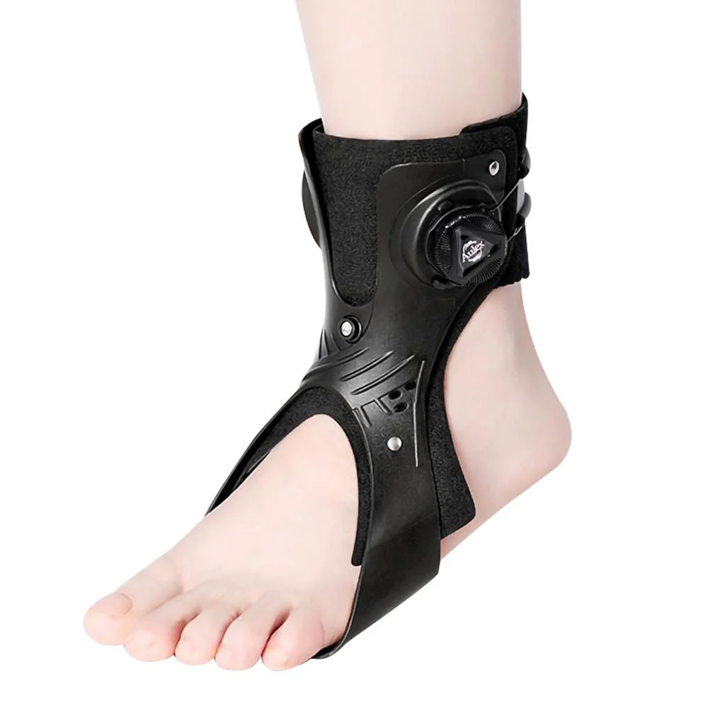Black dial-adjustable ankle support worn on a foot