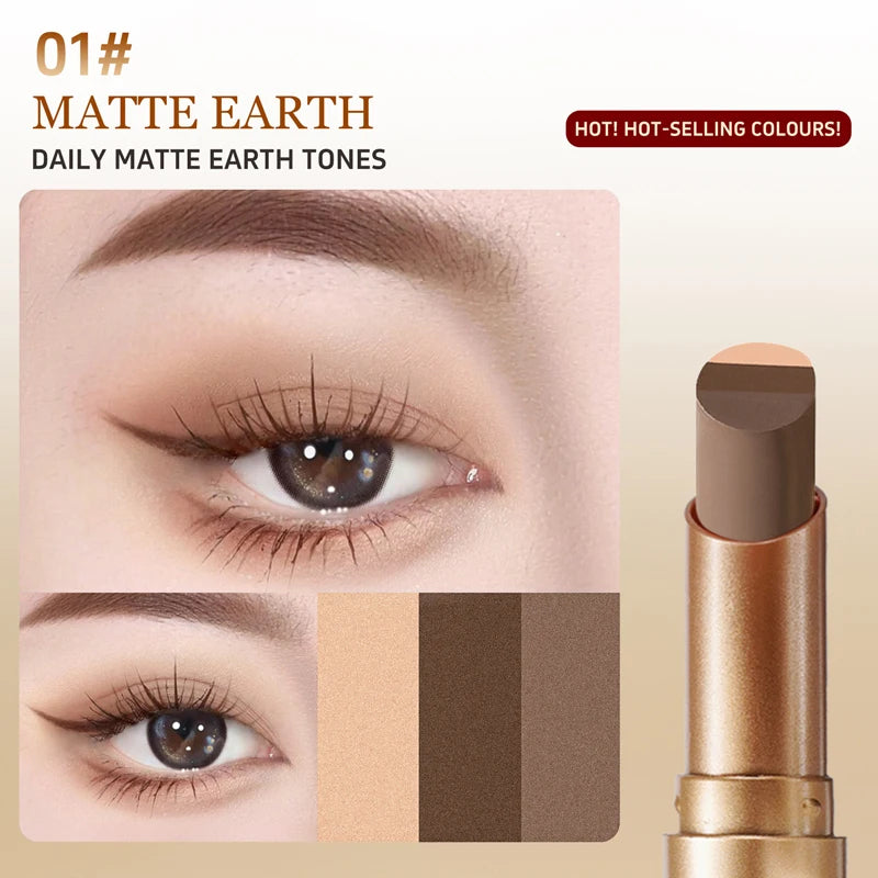 Matte Earth eyeshadow stick with three earth-tone shades