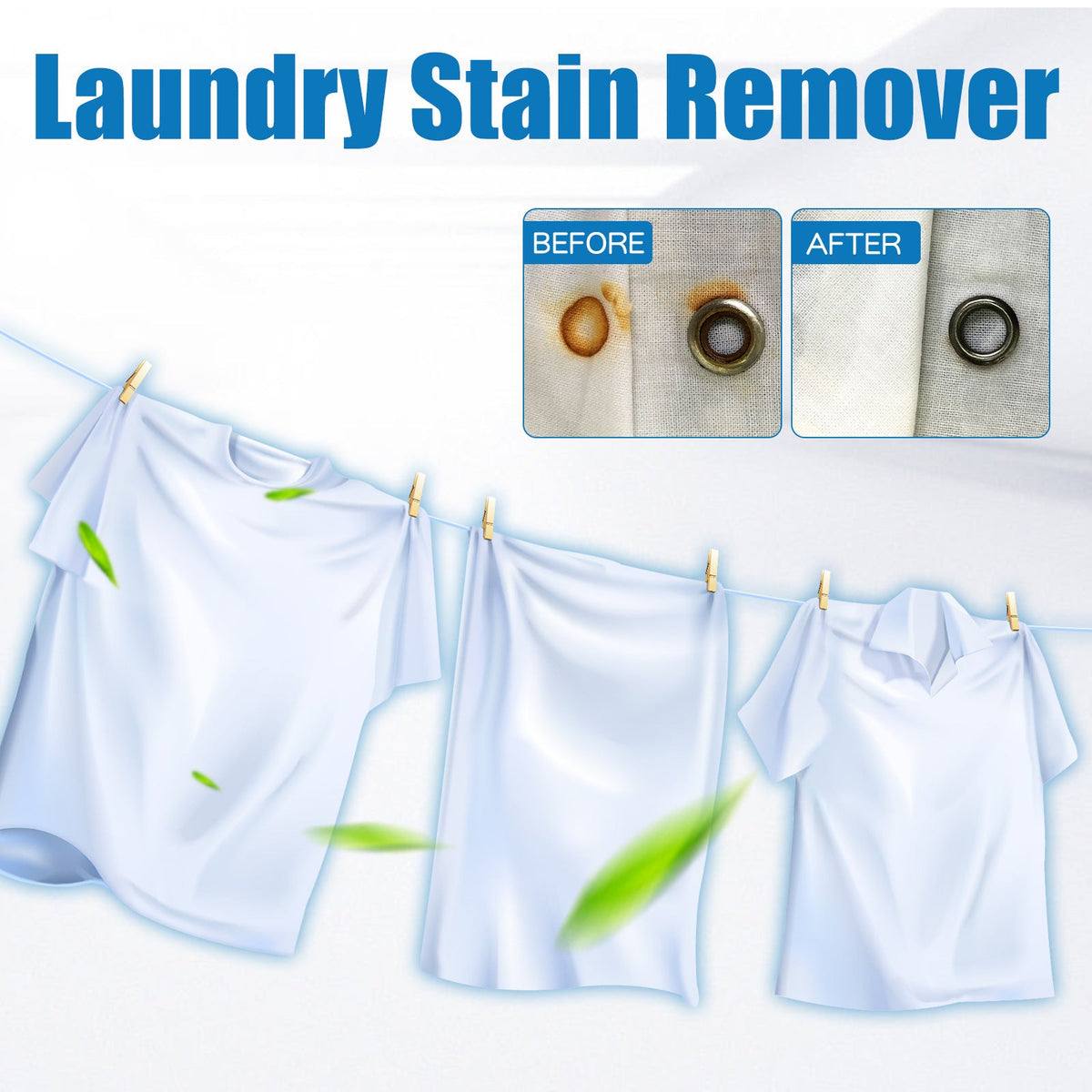 Laundry stain remover graphic with hanging clothes and a comparison inset