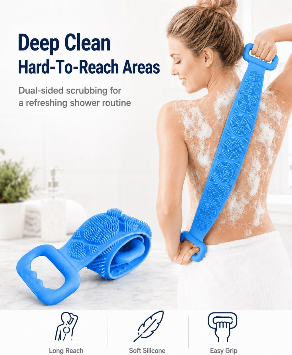 Blue silicone scrubber held across the back
