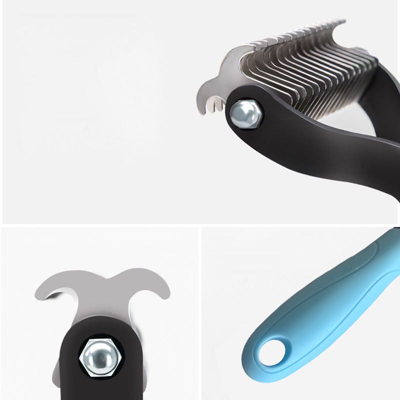 Close-up of blue dual-sided pet grooming comb