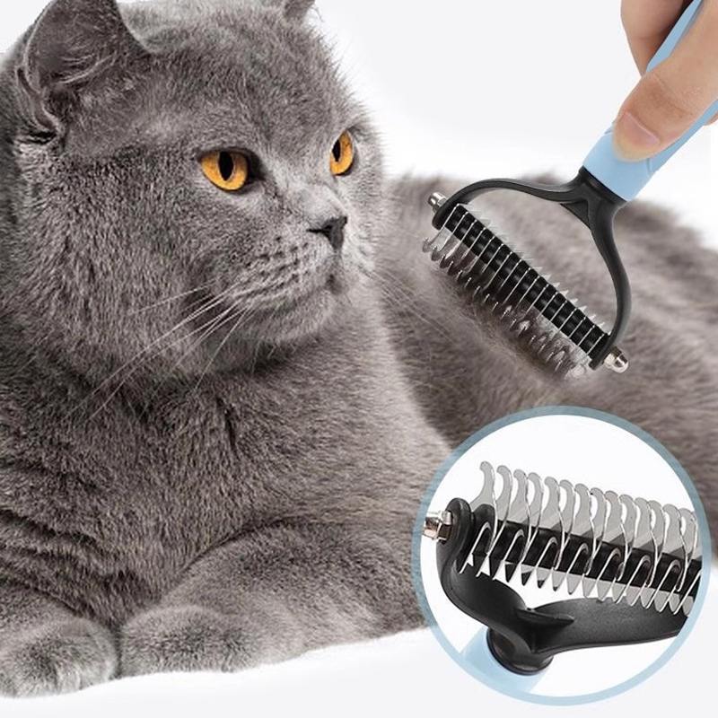 Blue grooming tool being used on a gray cat