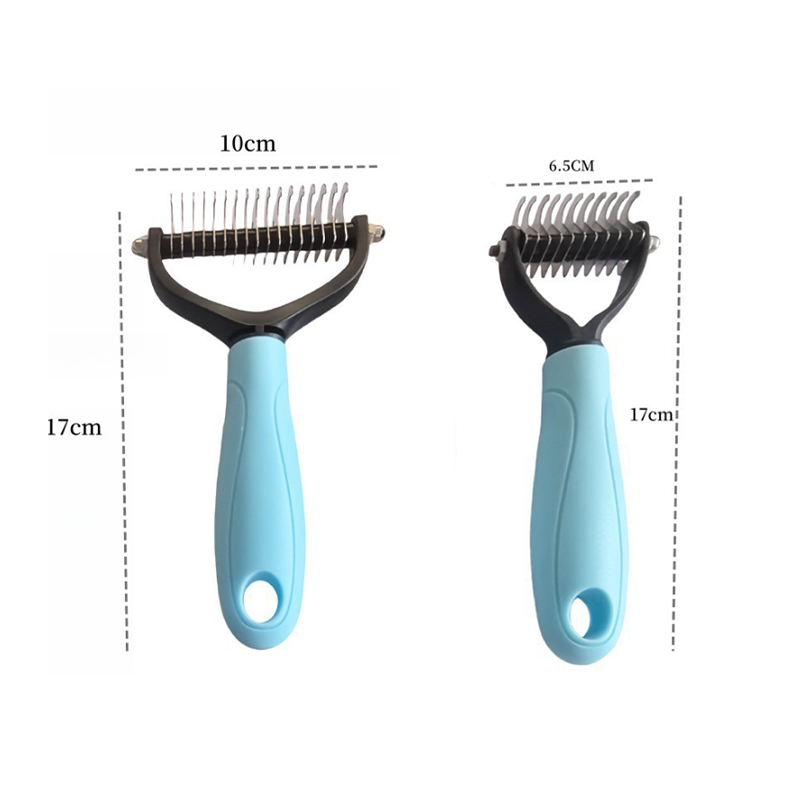 Blue small and large grooming tools shown with reference dimensions