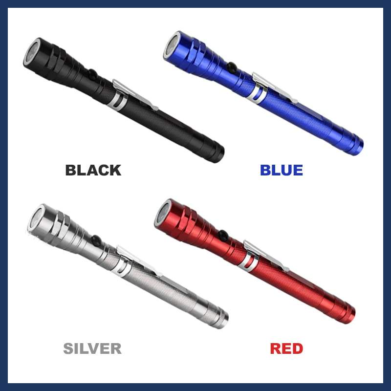 Black, blue, silver, and red magnetic flashlights