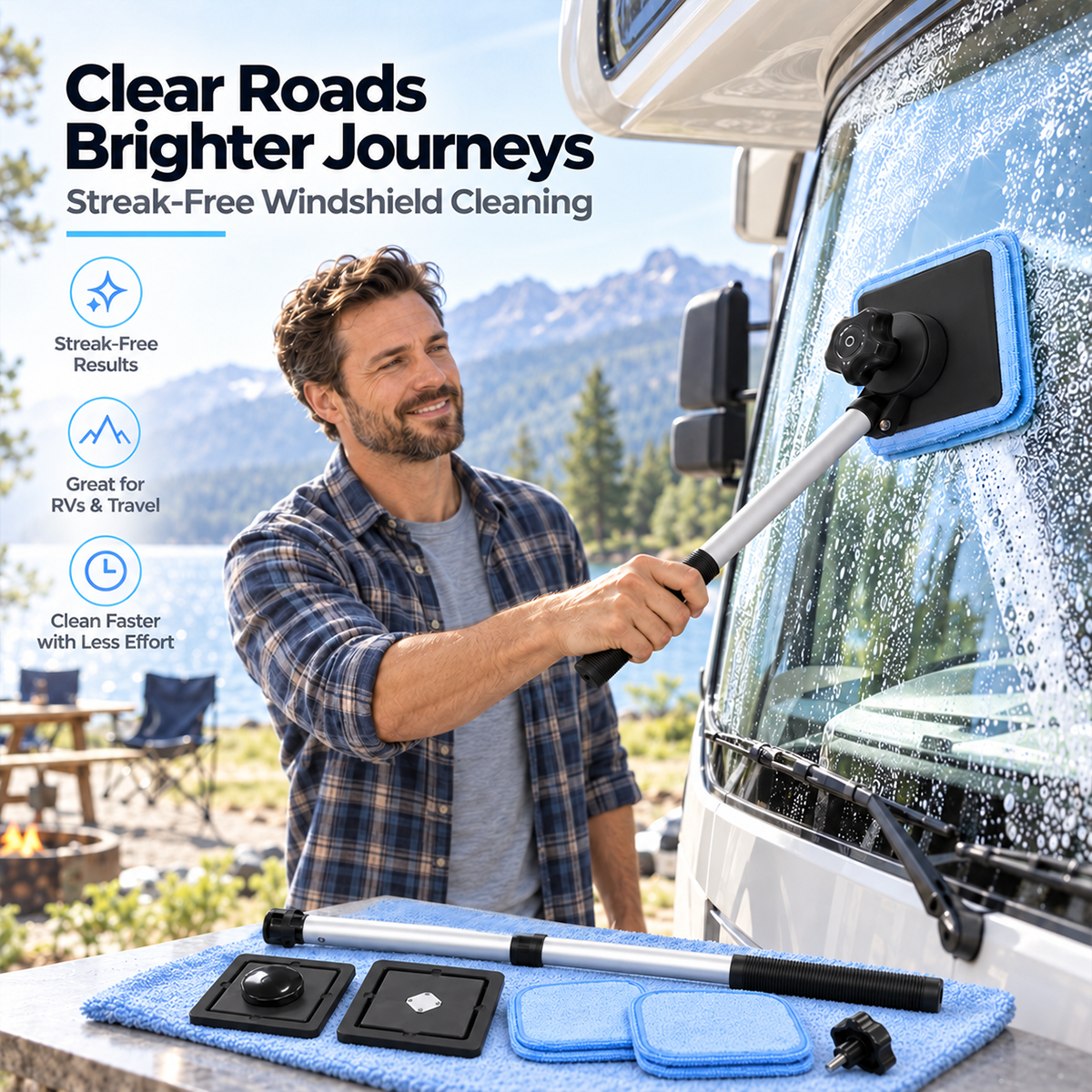 Magnetic cleaning head used on an RV windshield