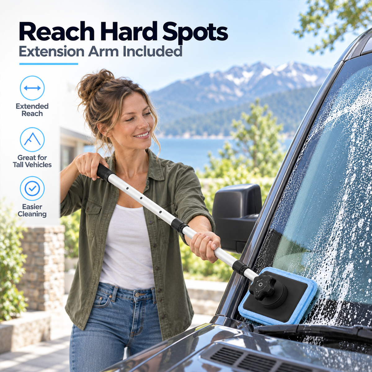 Extension handle reaching across a windshield