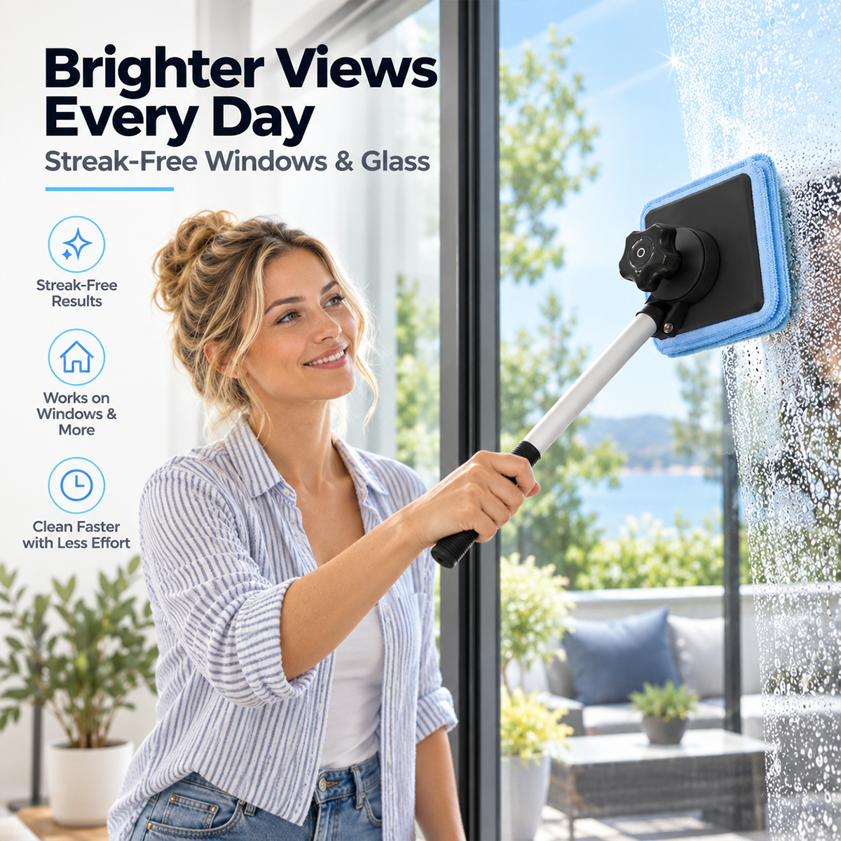 Cleaning a household window with the handle