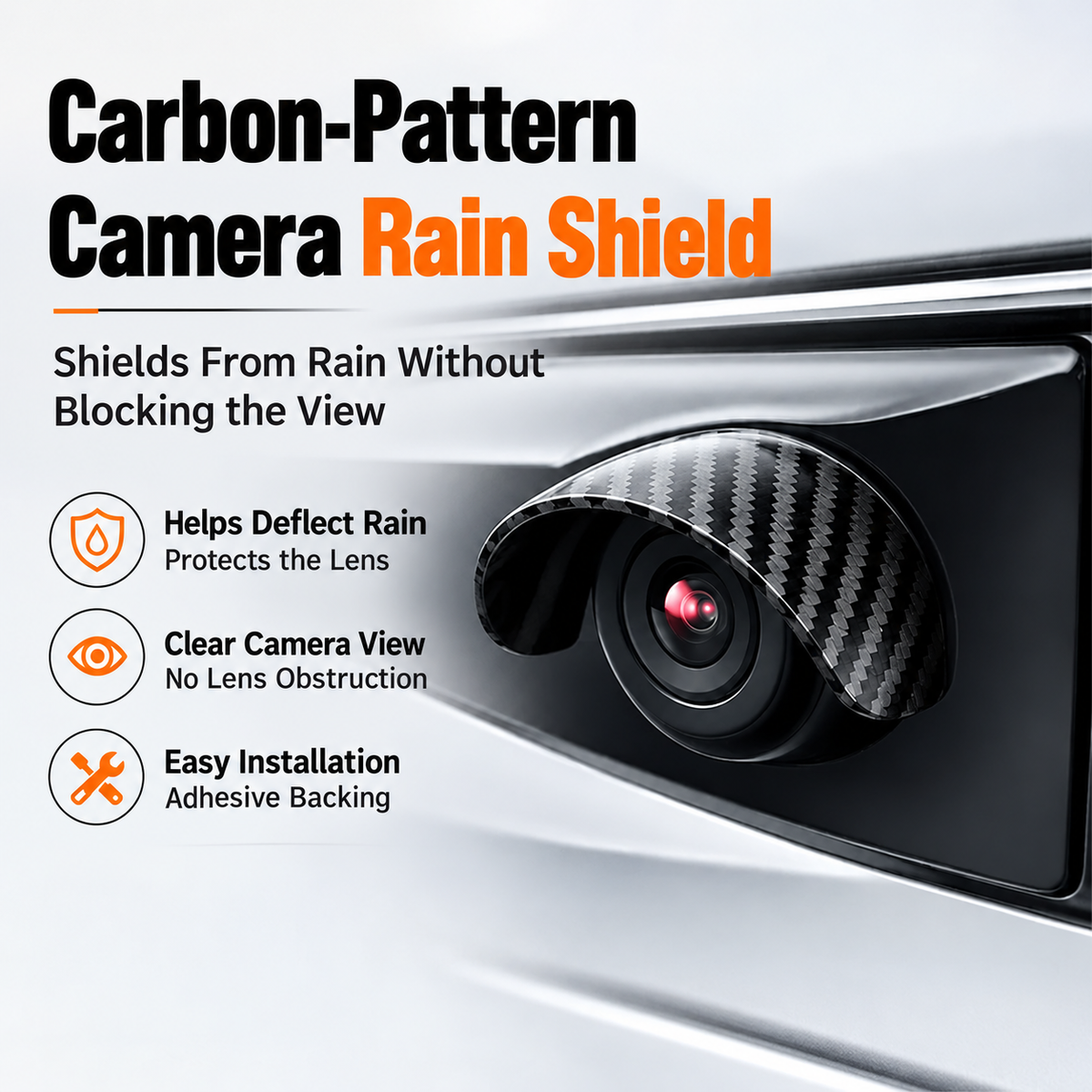 Carbon-pattern rain visor installed over car camera