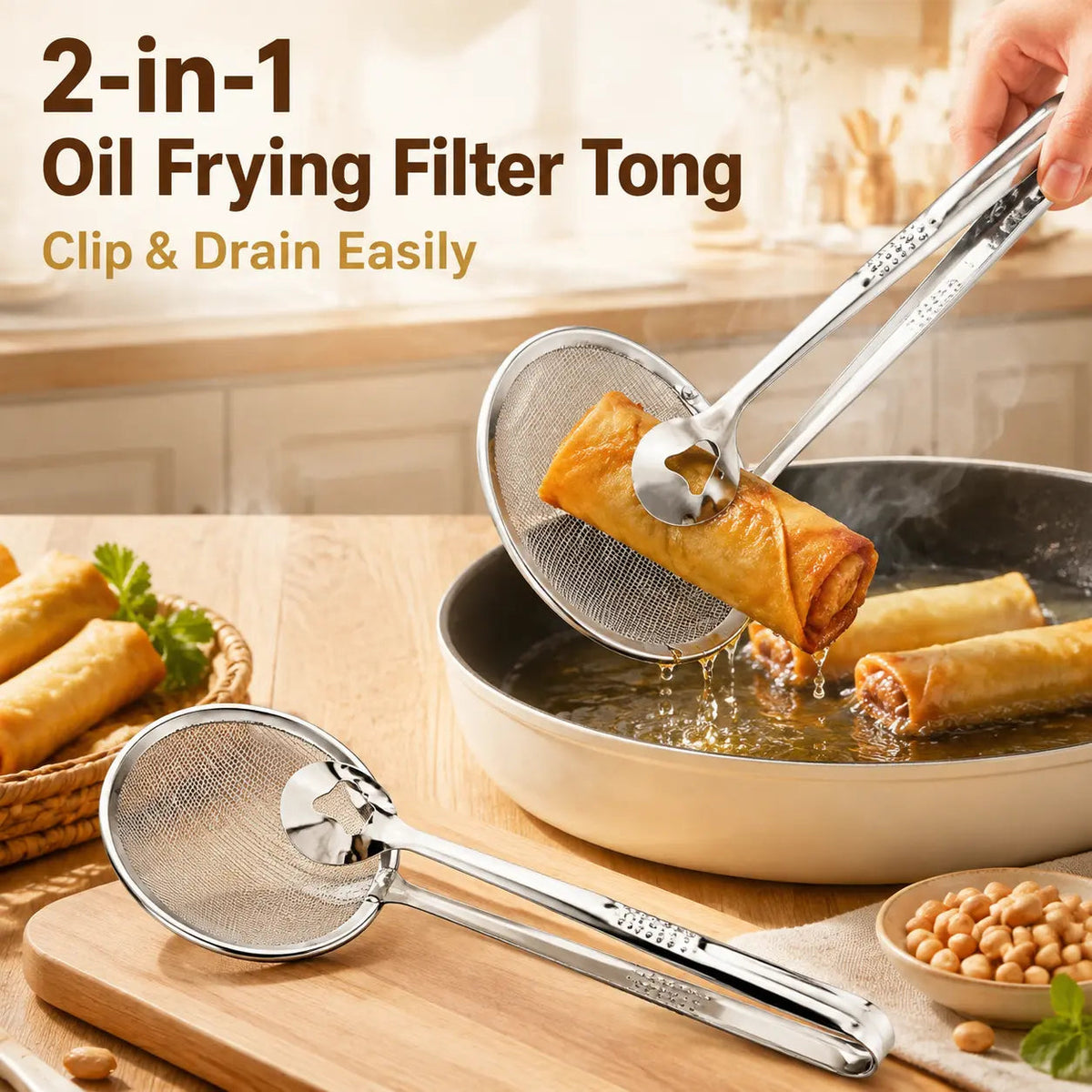 Frying tongs with a mesh straining spoon lifting food over a pan
