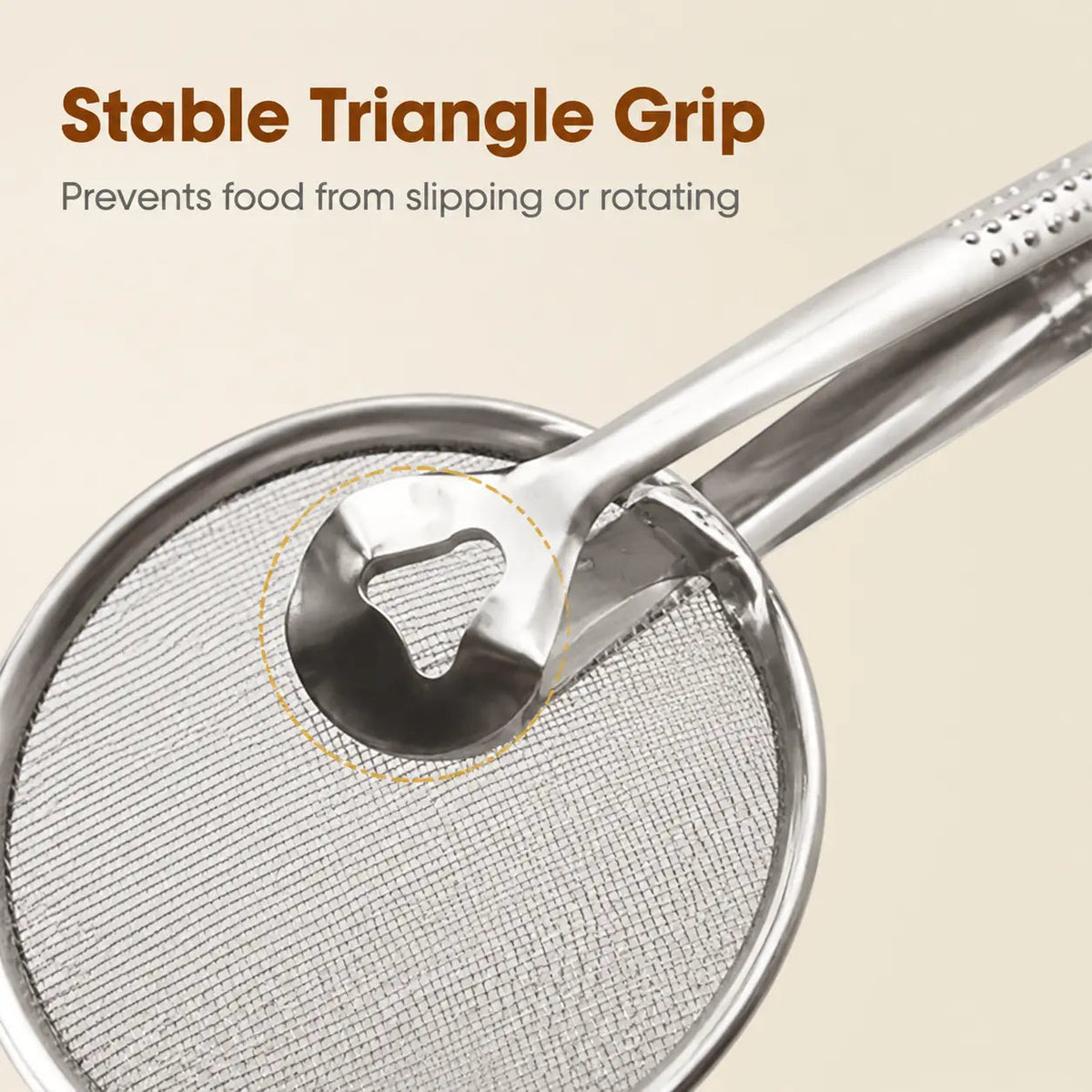 Shaped gripping end above the circular mesh spoon