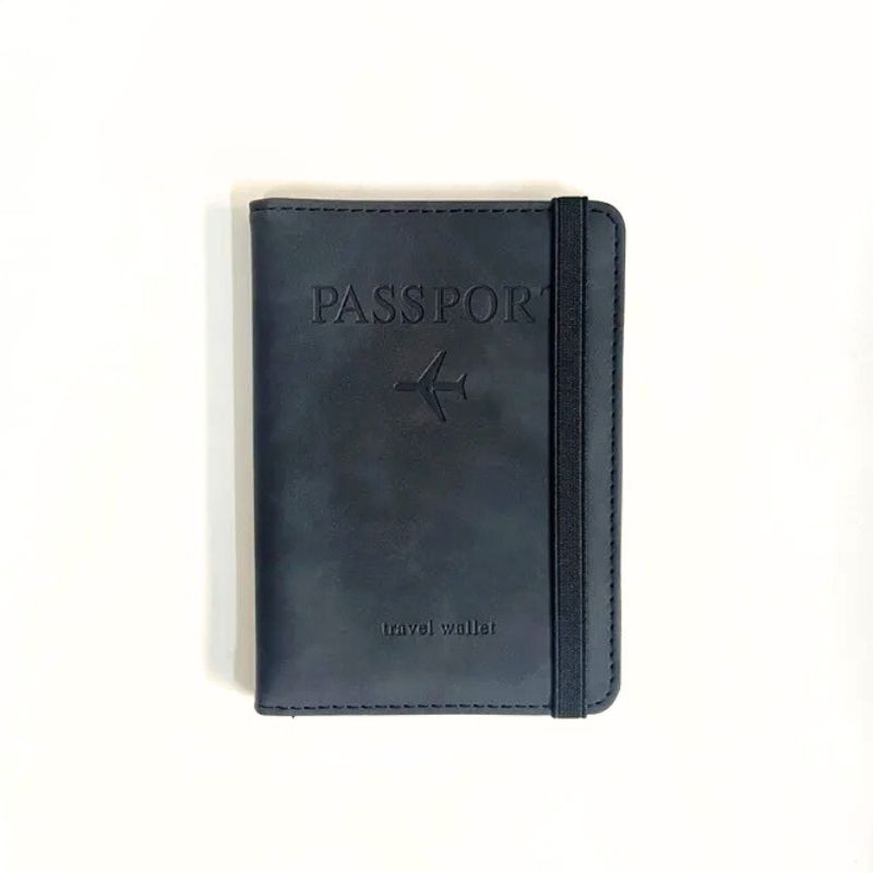 Black RFID-blocking passport wallet with elastic closure