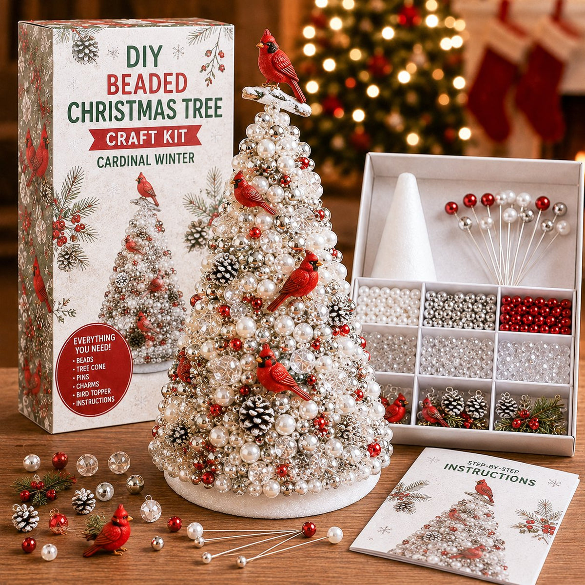 DIY beaded Christmas tree craft kit in Cardinal style