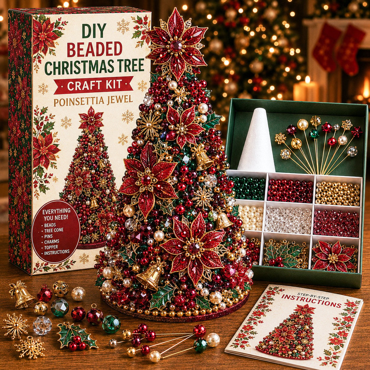 DIY beaded Christmas tree craft kit in Poinsettia style