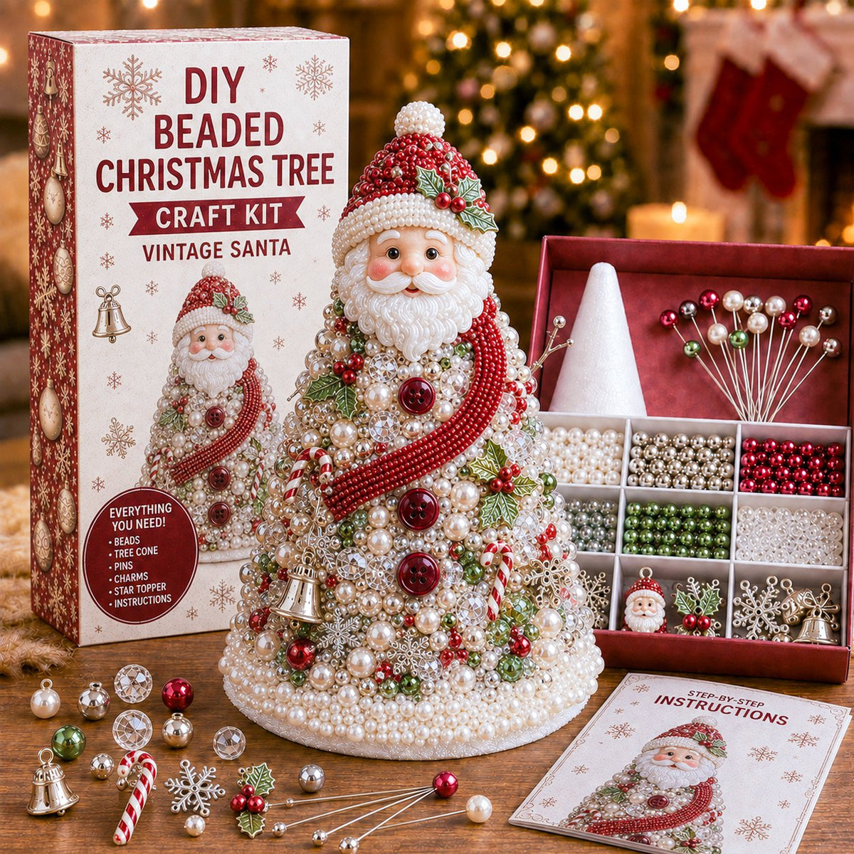 DIY beaded Christmas tree craft kit in Santa style
