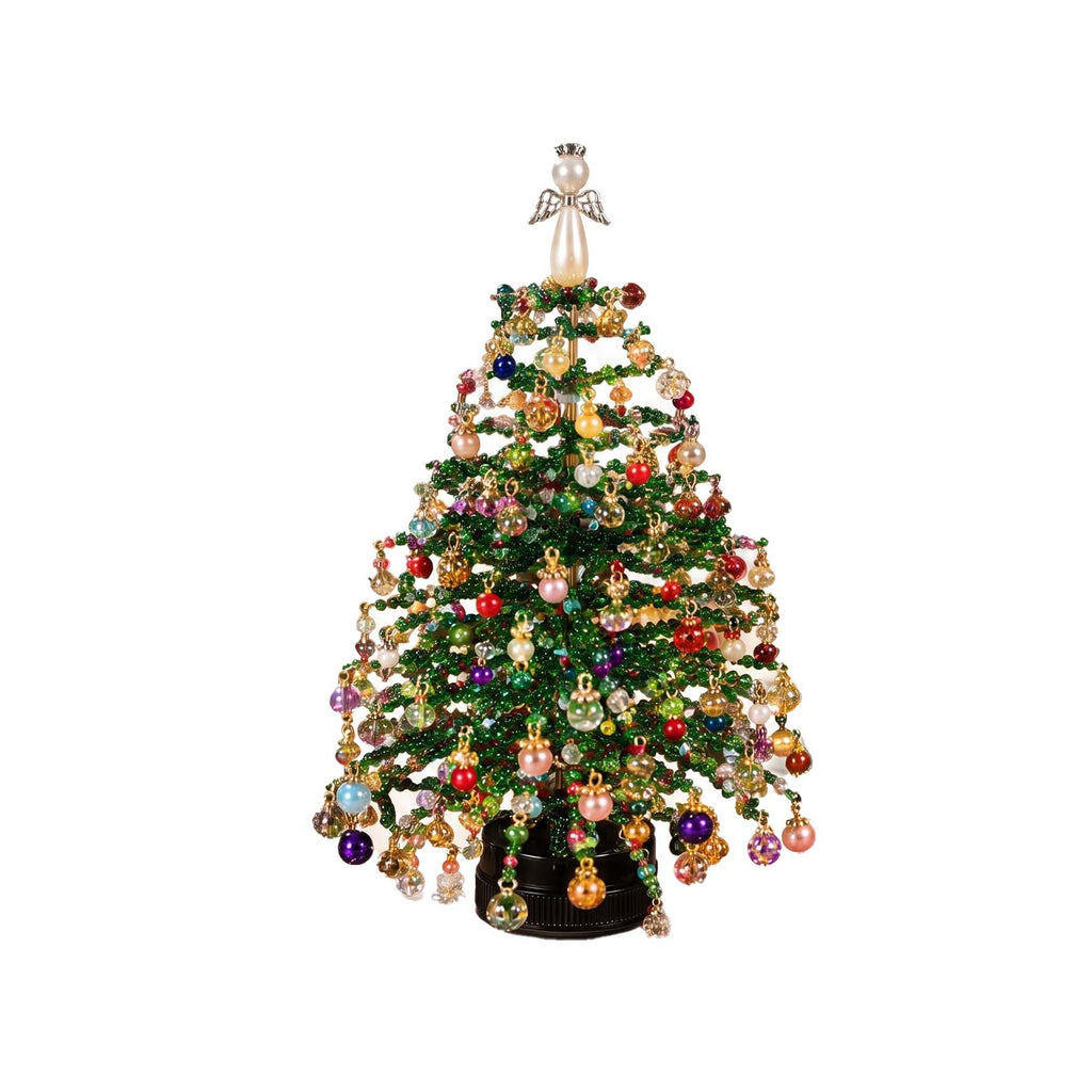 Green beaded Christmas tree with hanging ornaments and an angel topper