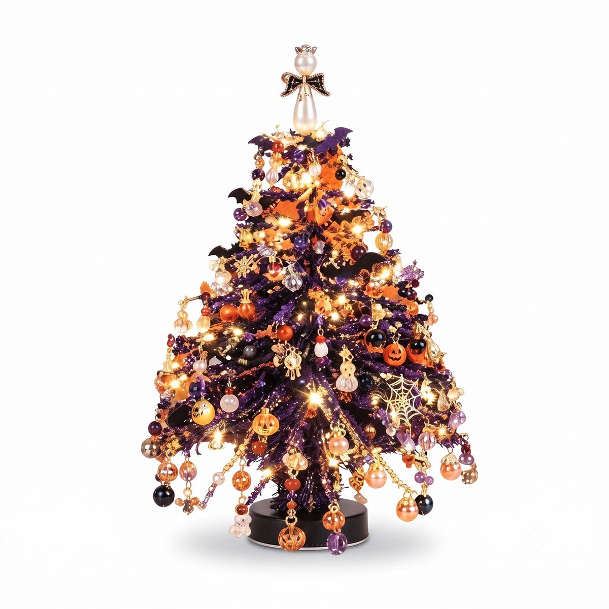Purple and orange Halloween beaded tree with bats and pumpkin decorations