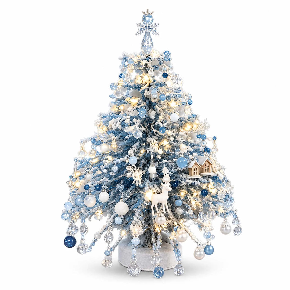 Blue and white winter beaded tree with silver-tone decorations