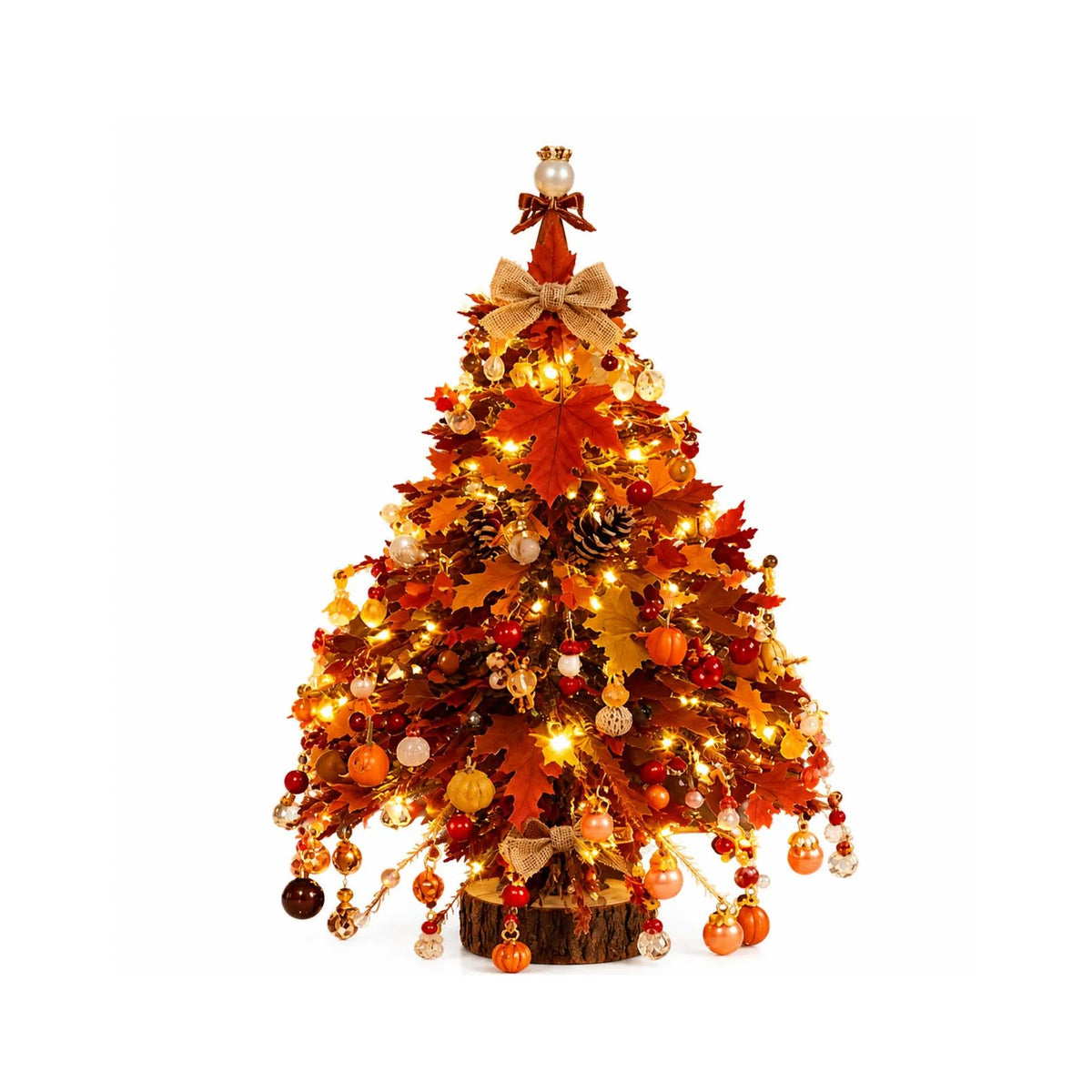 Orange and gold autumn beaded tree with leaf decorations