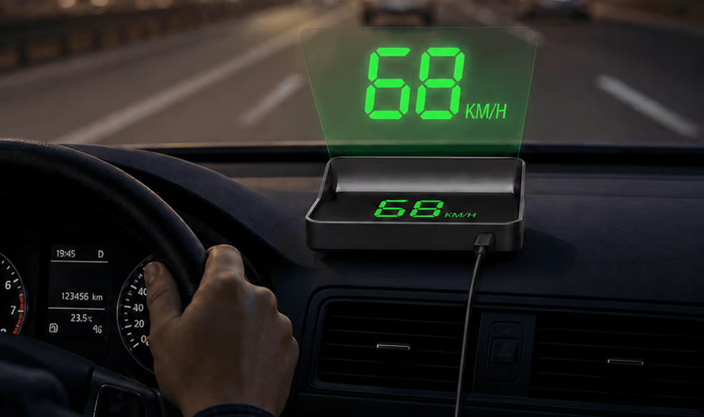 Green GPS speed readout viewed from inside a car