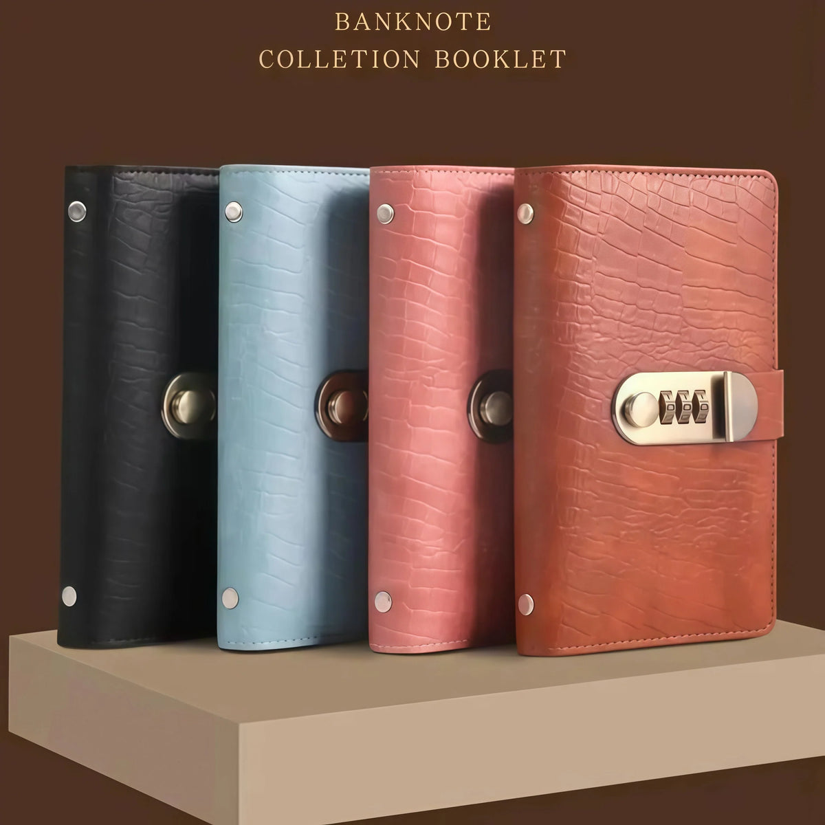 Four PU leather combination-lock binders displayed upright in different colors