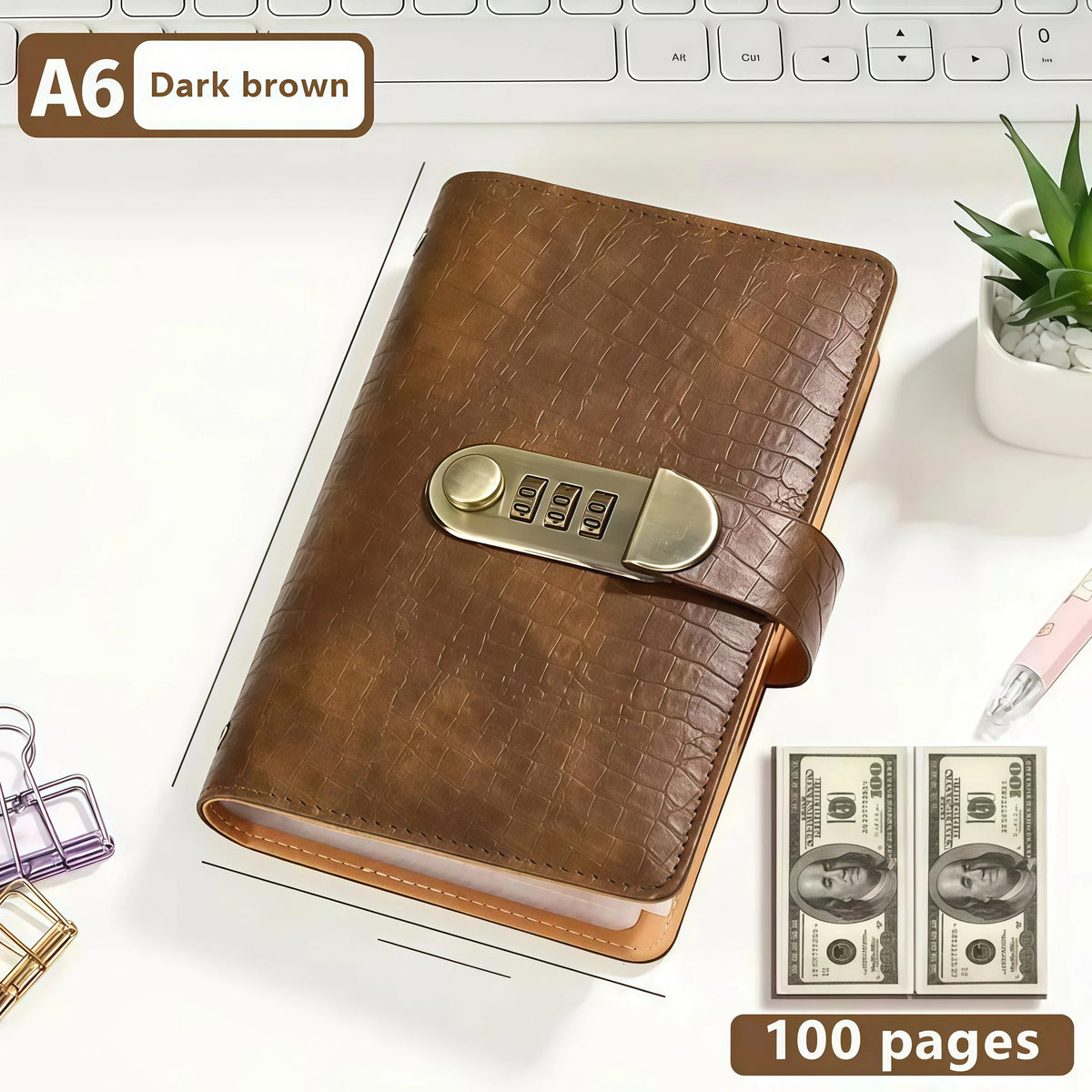 Vintage Brown A6 combination-lock binder