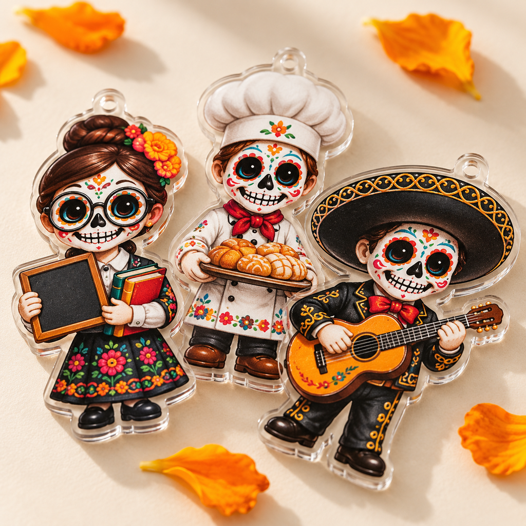 Close-up of colorful acrylic skull ornament designs