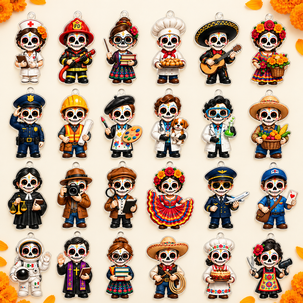 Twenty-four profession themed skull ornament designs