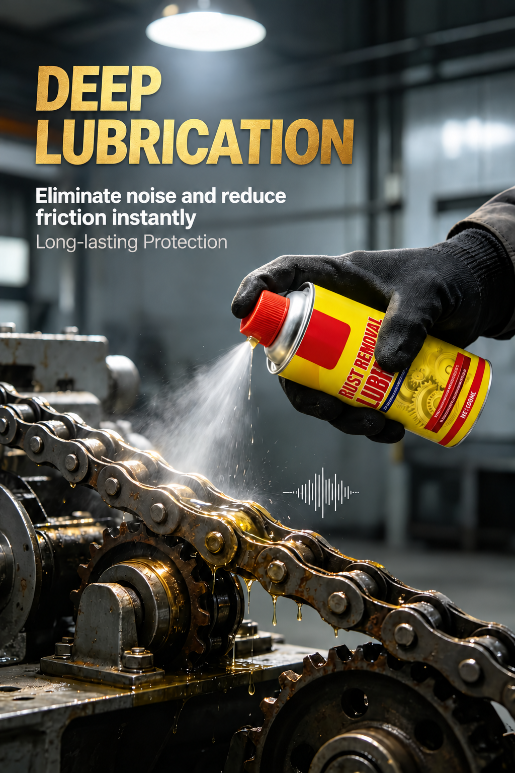 Lubricant application illustrated on a metal chain