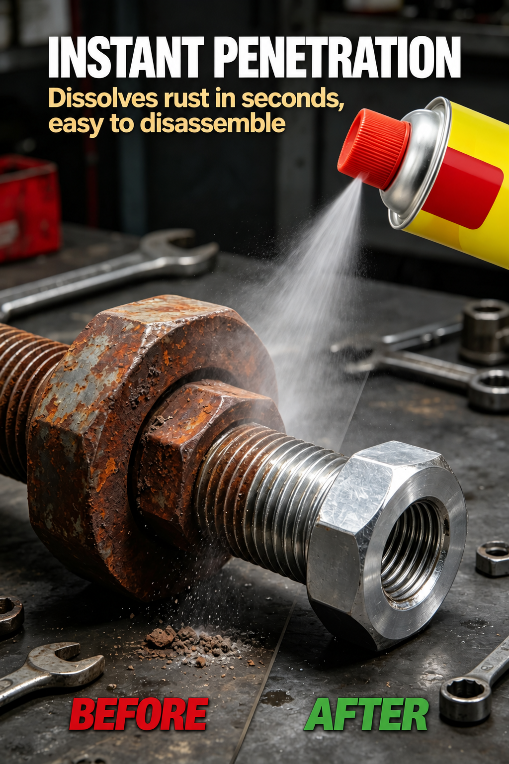 Rusty threaded metal hardware and a spray application illustration