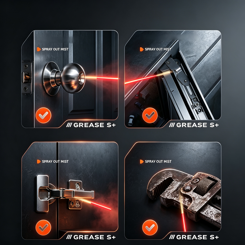 Door locks, hinges and metal hardware in four close-up panels