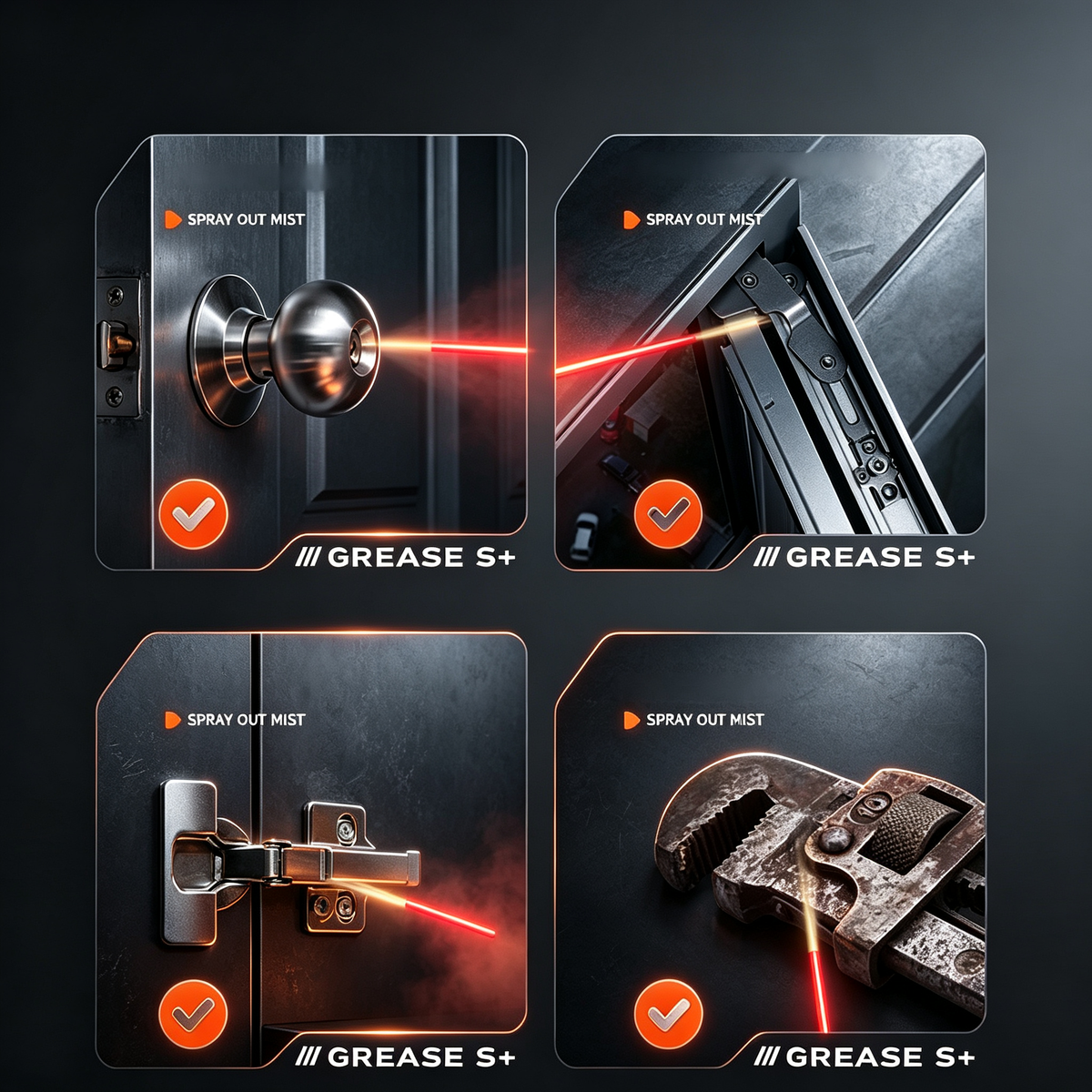 Door locks, hinges and metal hardware in four close-up panels