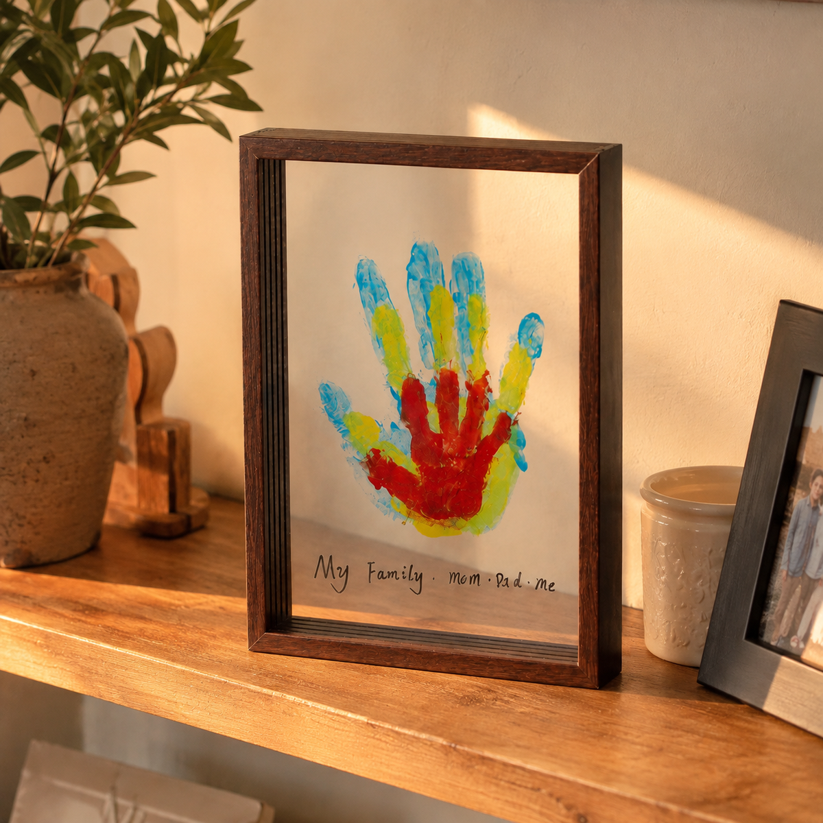 Dark wood finish family handprint keepsake frame on a shelf