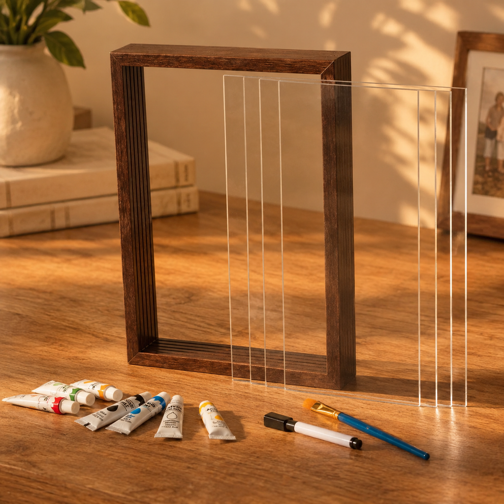 Dark wood finish handprint frame with clear layers and art materials