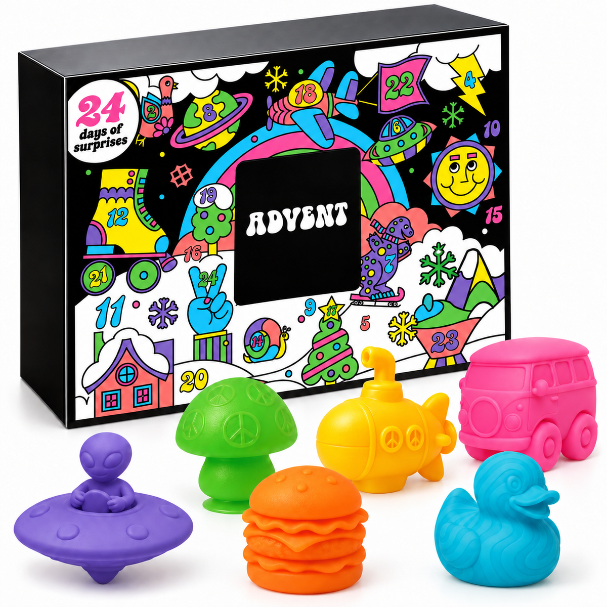 Christmas Advent calendar gift box with six colorful squeeze toys on a white background.