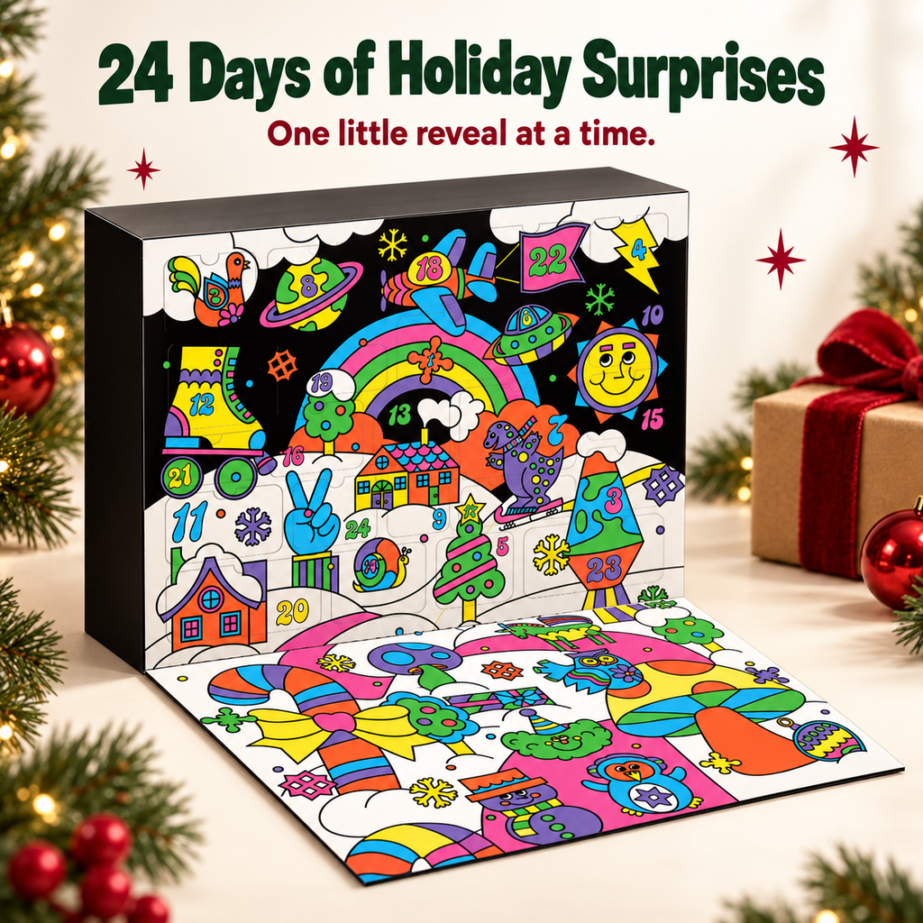 Open illustrated 24-day Advent calendar with a festive holiday countdown headline.