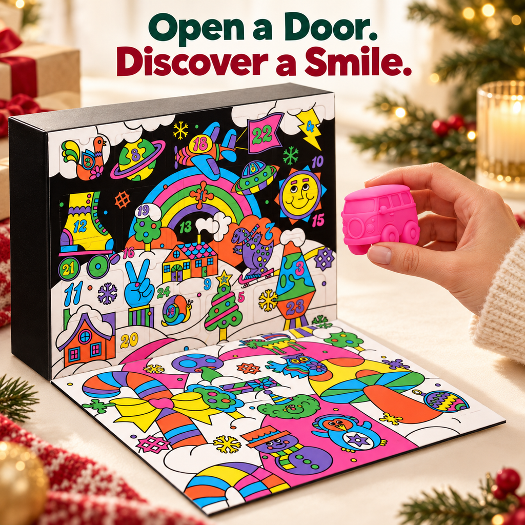 An adult hand holding a pink minibus beside the open Advent calendar.