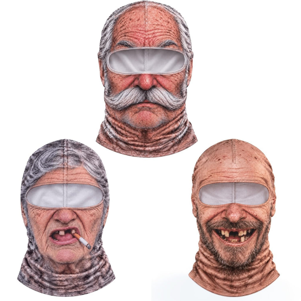 Three realistic old-man face balaclavas with open eye areas