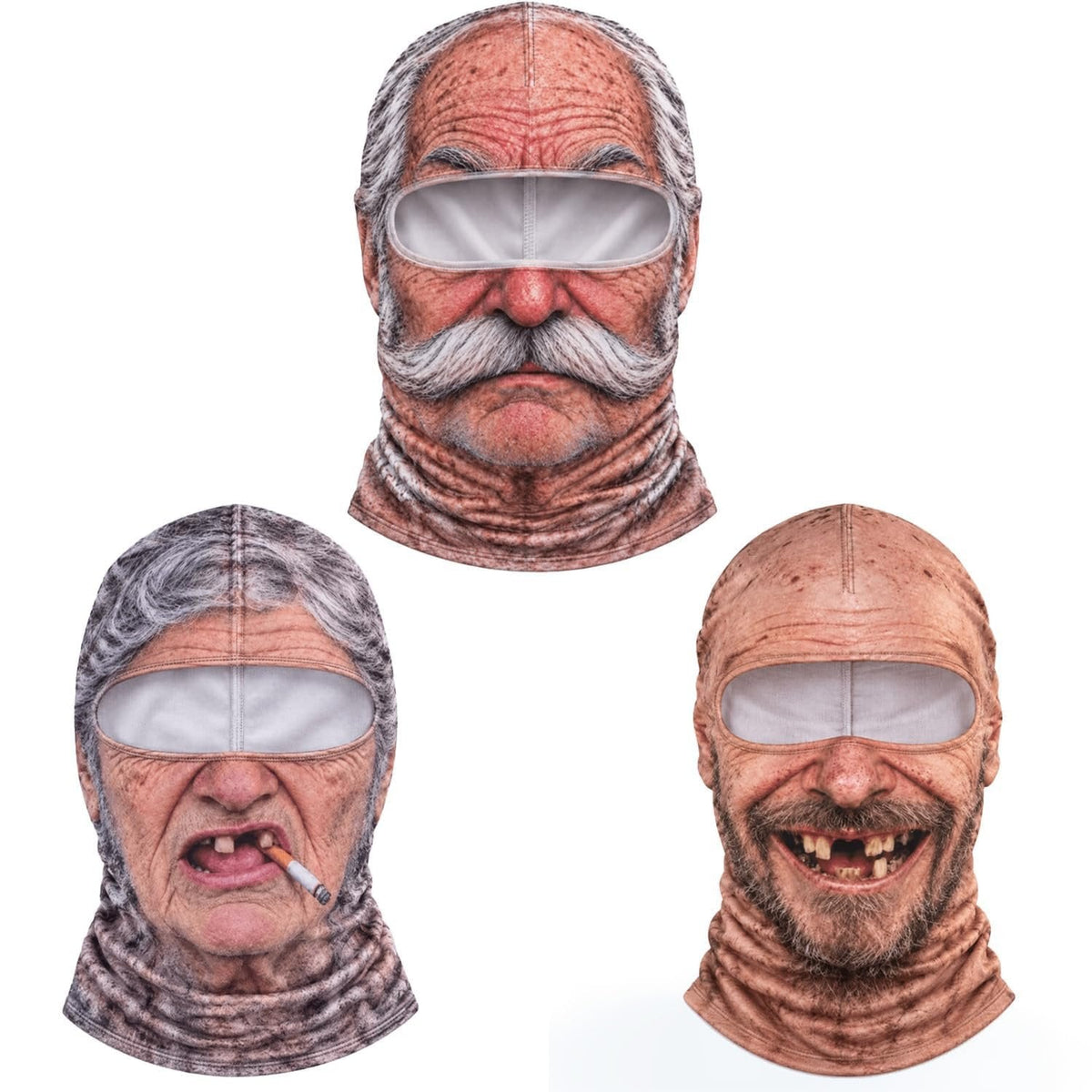 Three realistic old-man face balaclavas with open eye areas
