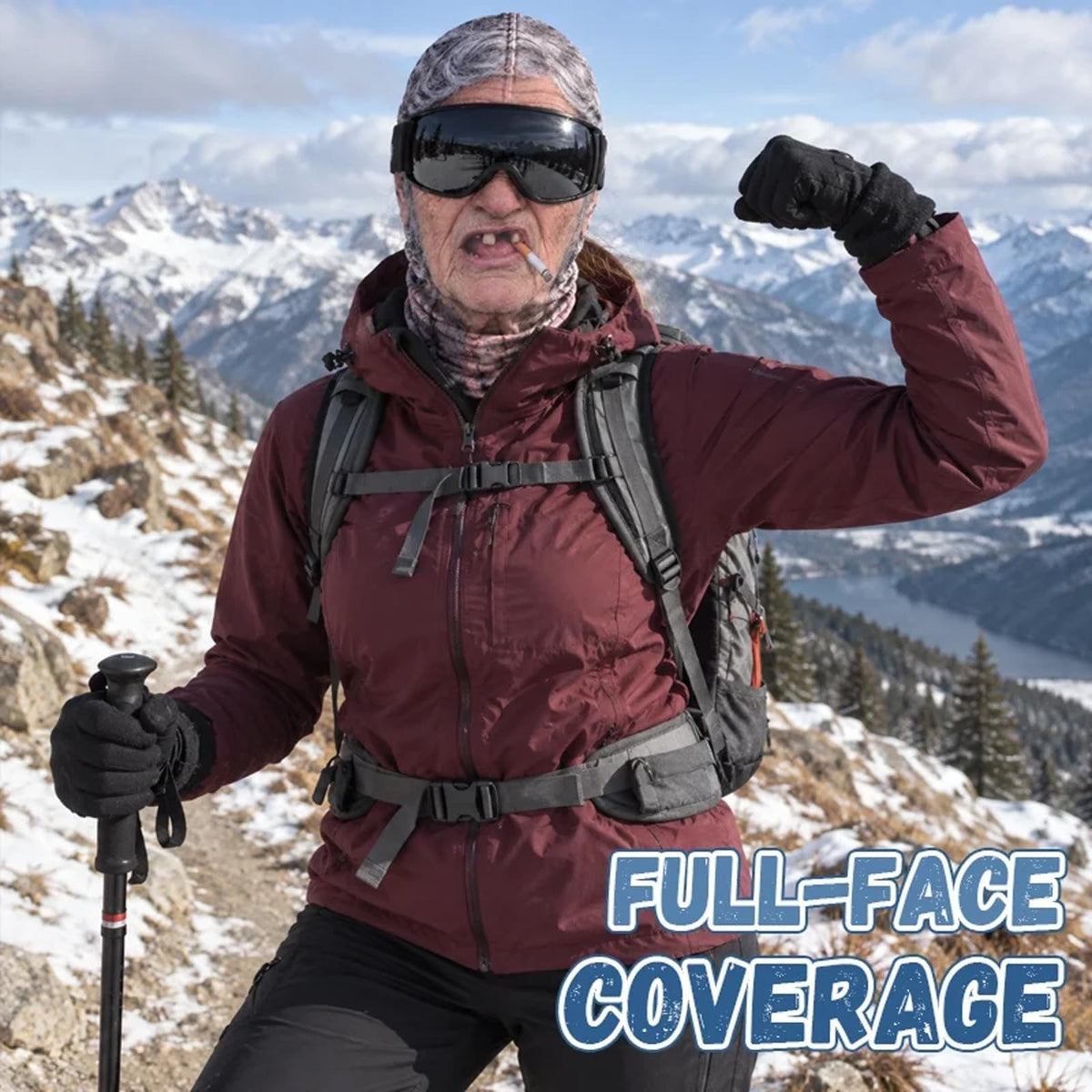 Old-man balaclava worn with winter clothing on a mountain outing