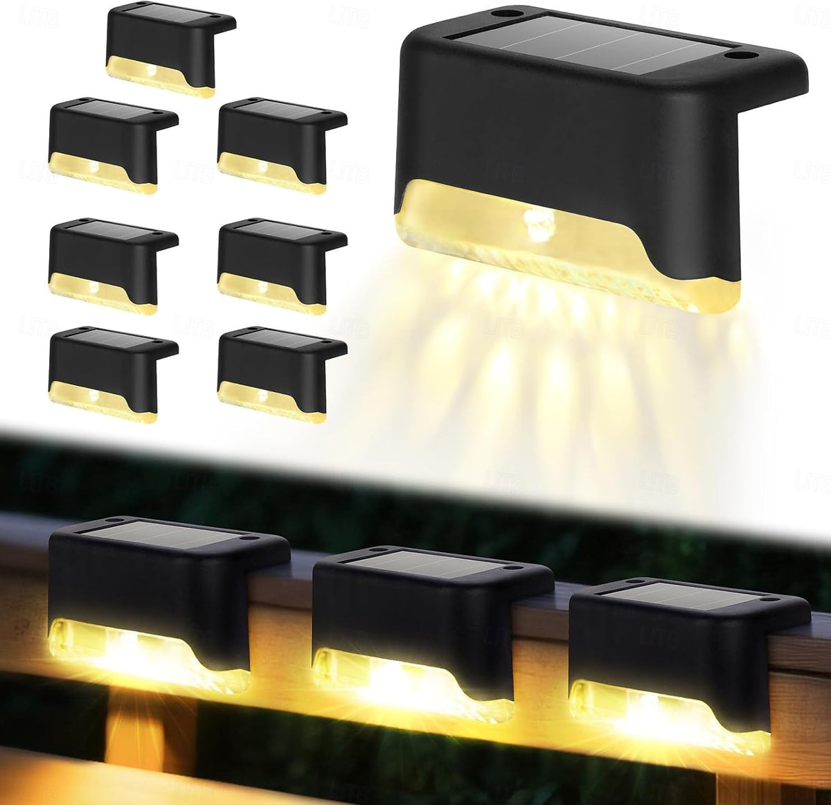 Black solar light housing and warm illumination in a product montage