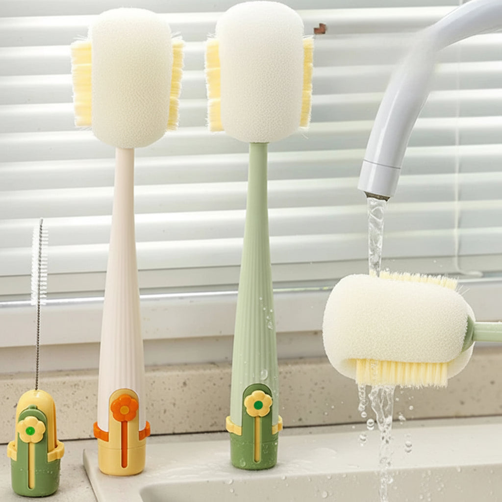 White and green bottle brushes beside a sink