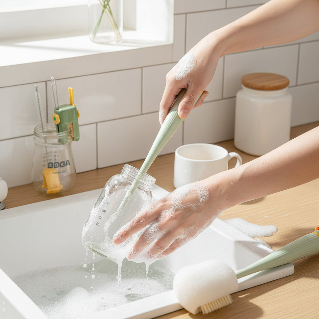 Green brush cleaning reusable drinkware