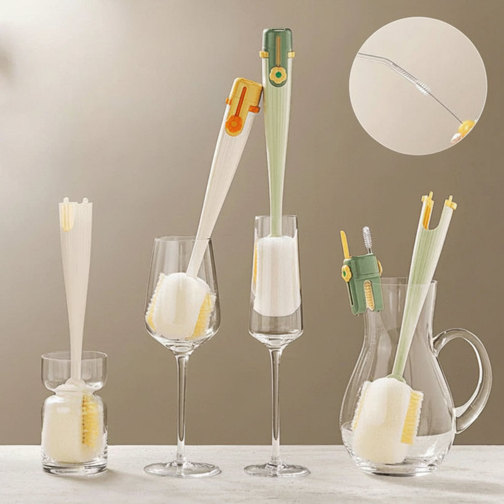 Bottle brushes reaching into narrow drinkware