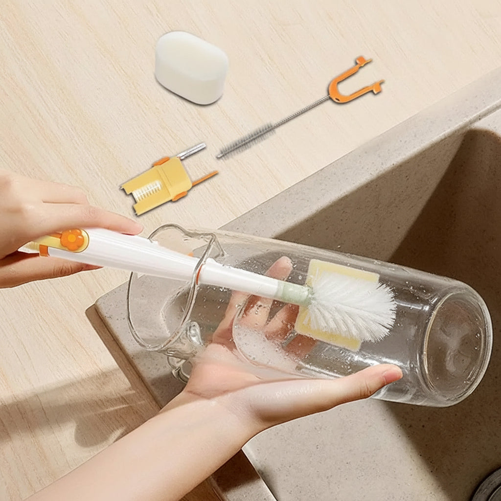 White brush cleaning a tall bottle