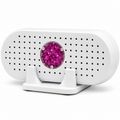 Compact white moisture absorber with a purple bead window and tabletop stand