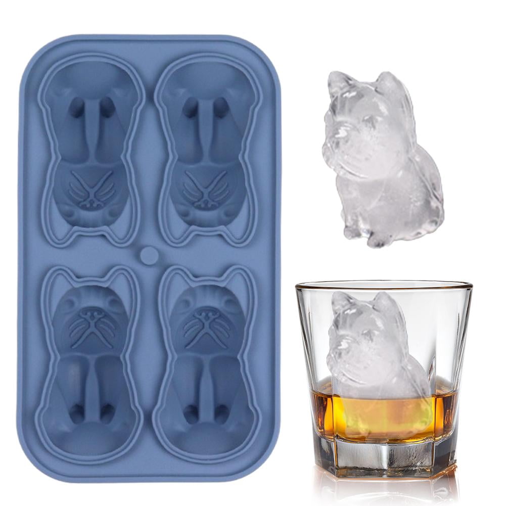 Silicone french bulldog ice mold in blue with shaped ice